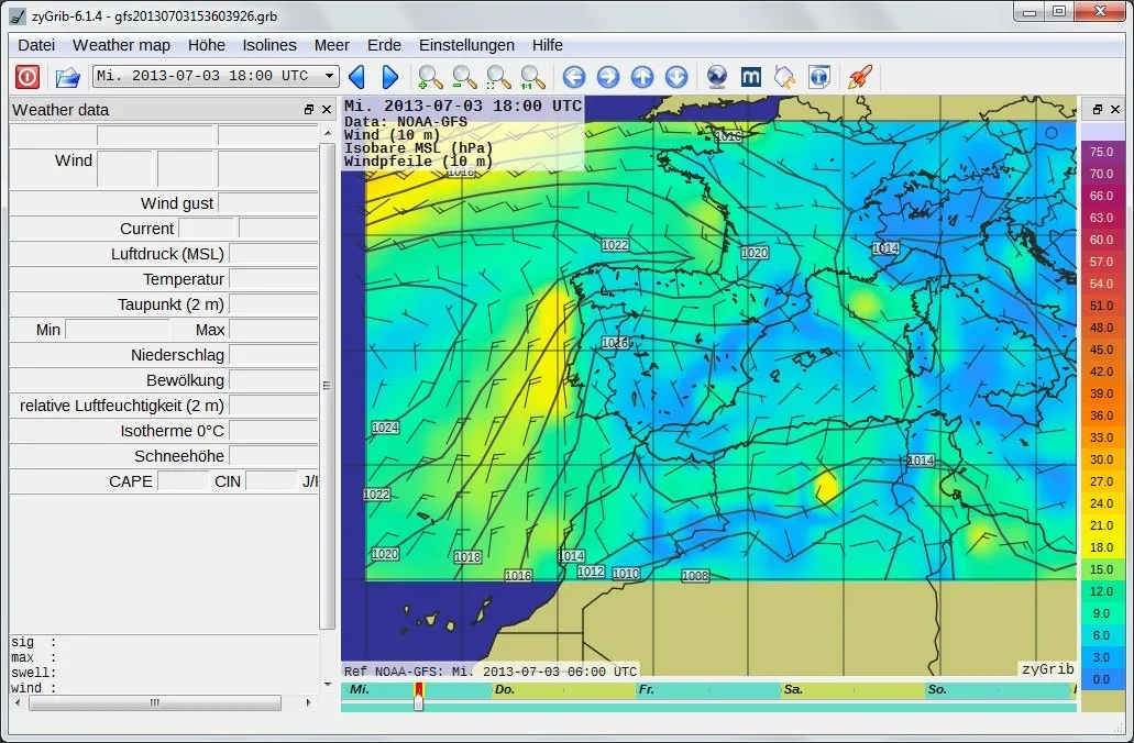 Windfeld einer GRIB-Datei über einer Seekarte, dargestellt in zyGrib