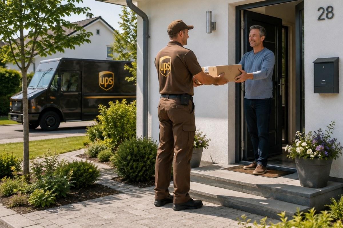 Kurier übergibt ein Paket an der Haustür